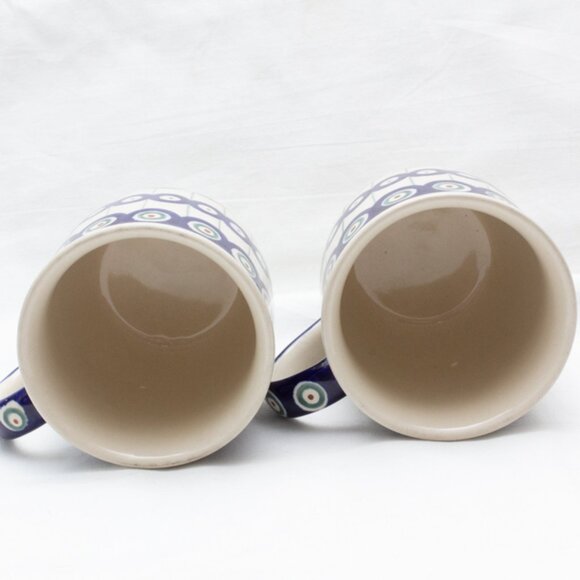 Boleslawiec Polish Pottery Coffee Mugs Matching Set Of 2 Peacock Pattern 12 oz - Picture 3 of 4